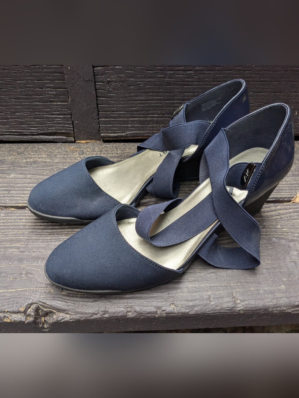 Anne Klein Sport - Navy Patent Mid Block Heel Wedge w/elastic straps, 9.5